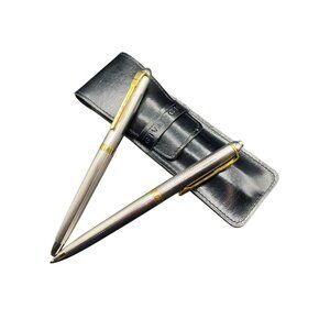 Givenchy Pen Set With Mechanical Pencil and Original Leather Case Silver And Gol